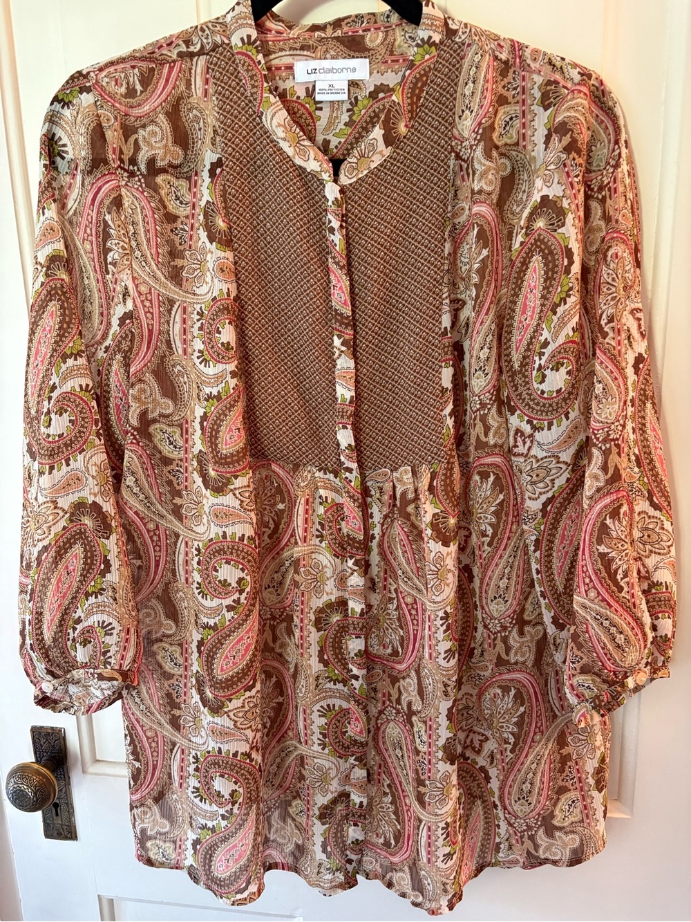 Liz Claiborne Brown Paisley Tunic with Coral and Cream Accents - Picture 1 of 10